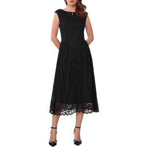 Wedding Guest Lace Boat Neck Vintage Formal Cocktail Midi Dress Black